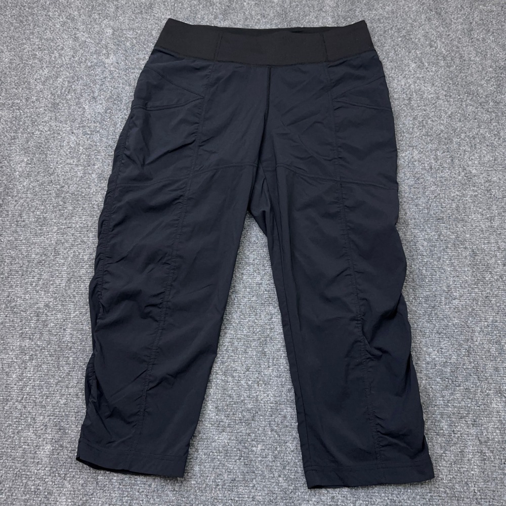 prAna Koen Capri Pant Women M Black Ruched Hiking Drawstring Stretch Lightweight